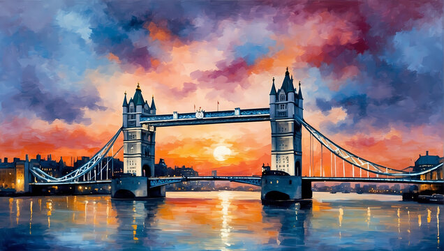 Nighttime view of Tower Bridge in London, England, with the illuminated city skyline reflecting on the calm waters of the Thames River