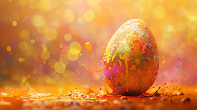 Colorful Easter egg in dynamic splash of paint isolated on orange background