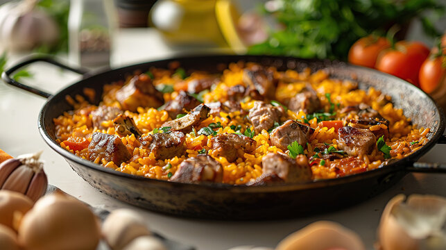 Paella, professional food photography, saffron aromatic rice, chunks of veal, a traditional paella pan. 