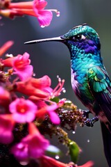 Hummingbird hovering over brightly colored flowers, Ai