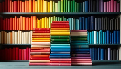 A close-up of a stack of multicolored books arranged with their spines facing out, against the backdrop of a rainbow-colored bookshelf.