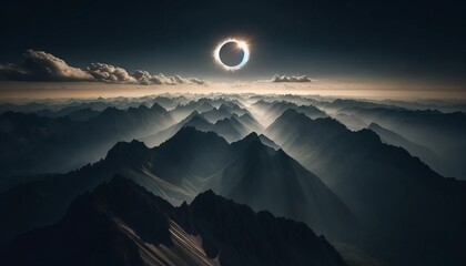 A high-altitude shot of a solar eclipse over a mountain range, with the peaks casting long shadows across the landscape. - obrazy, fototapety, plakaty