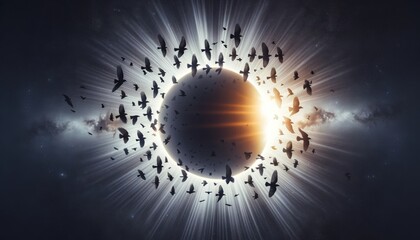 A close-up of the solar eclipse with a flock of birds silhouetted against the corona, capturing the harmony of nature and cosmic events. - obrazy, fototapety, plakaty