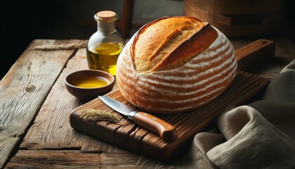 An artisanal bread loaf with a crisp crust on a cutting board, alongside a knife and olive oil, depicting the joy of homemade cuisine.