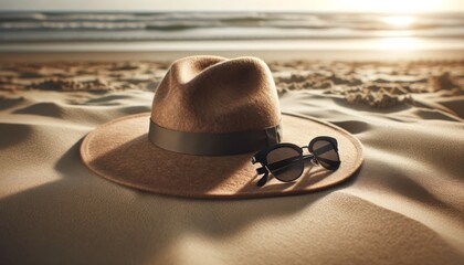 A stylish felt hat accompanied by a pair of sunglasses on a sandy beach background, evoking a summer vacation vibe. - Powered by Adobe