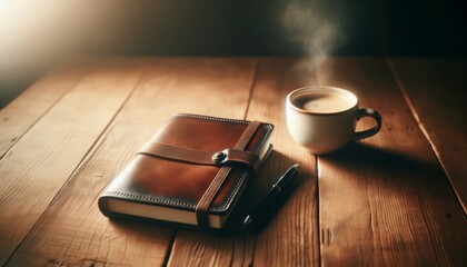 A leather-bound journal resting beside a cup of coffee on a wooden table, with a cozy and introspective atmosphere.