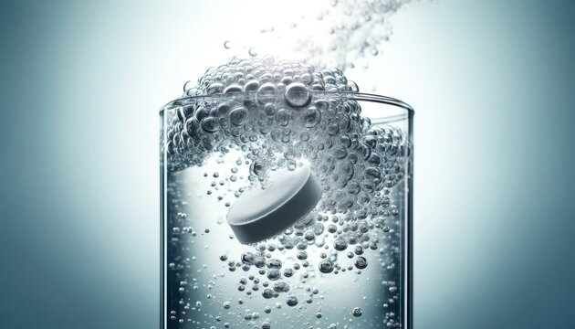 A close-up of an effervescent tablet dissolving in a glass of water, with bubbles racing to the surface and a fizzing sound almost audible.