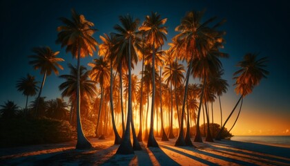 A cluster of palm trees with their trunks illuminated by golden hour sunlight, with a deep blue sky transitioning to dusk. - obrazy, fototapety, plakaty