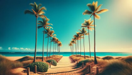 A row of tall palm trees lining a sandy path leading to a bright blue ocean, under a cloudless sky.