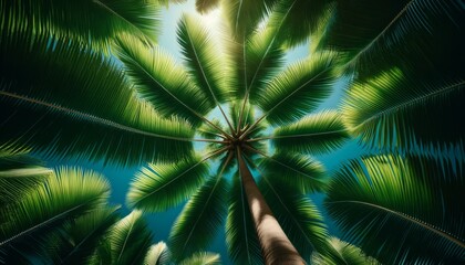 A view from under a palm tree looking up at its leaves fanned against a bright midday blue sky. - obrazy, fototapety, plakaty