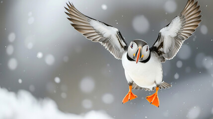Pacific puffin with blurred background and empty copy space