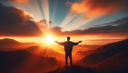 A silhouette of a person standing on a hilltop at sunrise, arms spread wide, with the orange and pink hues of the dawn sky behind them.