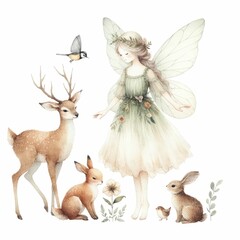 Woodland fairy with animal companions. watercolor illustration, Perfect for nursery art, Forest princess surrounded by flora and fauna fantasy character.