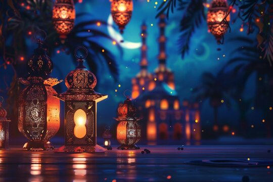 Ornamental Arabic lantern with crescent moon - Ramadan Kareem, masjid background, happy Eid Mubarak, Eid Mubarak 2024, Eid-fitr Mubarak