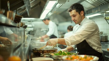 A candid moment in a busy kitchen, showcasing the passion and intensity of professional chefs at work.