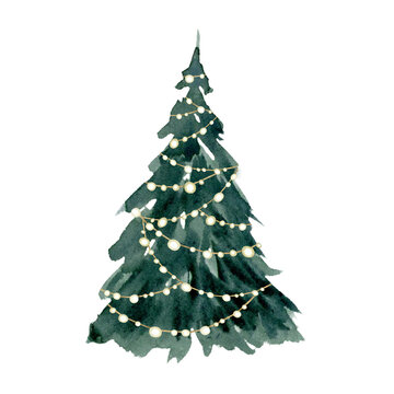 Christmas tree garland with lights garland watercolor sketch illustration isolated on white background in simple style for Happy New Year greeting cards and designs