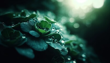 A close-up shot of fresh morning dew settled on a dense cluster of green leaves, highlighting the individual droplets and their tiny reflections. - obrazy, fototapety, plakaty