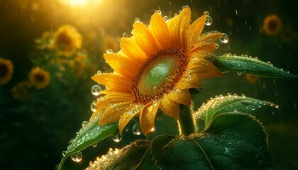 A close-up of a sunflower after a rain shower, with water droplets hanging off the edges of the petals and the leaves, reflecting the surrounding gard. - Powered by Adobe
