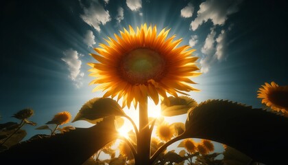 A shot taken from below a towering sunflower, looking up towards the sky with the sun creating a backlight effect around the petals. - obrazy, fototapety, plakaty