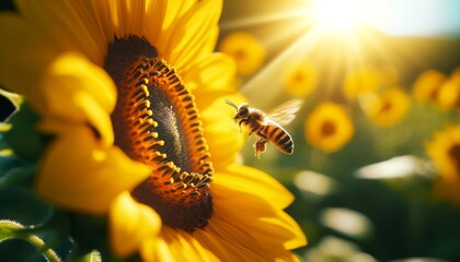 An image of a sunflower with a bee collecting pollen, the bee is mid-flight with its wings blurred...