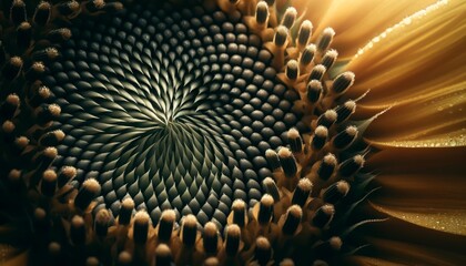 A macro shot of a sunflower's center, capturing the intricate texture and pattern of the seeds starting to ripen, with tiny dewdrops visible.
