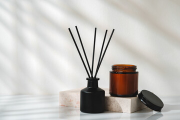 Elegant Aroma Diffuser With Black Reeds on a Marble Stand in Soft Daylight - 780289694