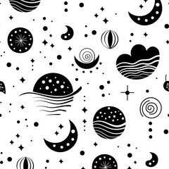 Seamless neo folk patterns with moon, cloud, sun and stars, black and white celestial design. Set Neo folk style endless backgrounds perfect for textile design.