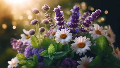 A close-up image of a collection of flowering herbs such as purple lavender, white chamomile, and green mint.