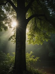 Obraz premium sun light passing through green-leafed tree in a rainy day misty morning in the forest