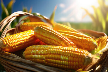 Harvest fresh corn, a basket full of corn. - Powered by Adobe