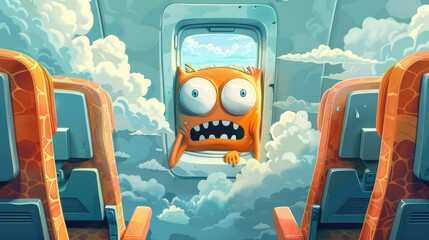 Animated cartoon character aerophobia during a flight - obrazy, fototapety, plakaty