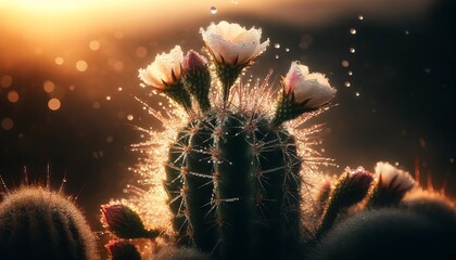 An image of a dew-covered prickly pear cactus at dawn, with droplets of water on the spines and flowers.