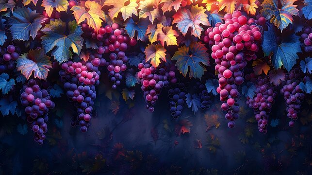 A vibrant, digital art piece illustrating the life cycle of vineyard vines, from the budding leaves of spring to the bountiful harvest of grapes in autumn.