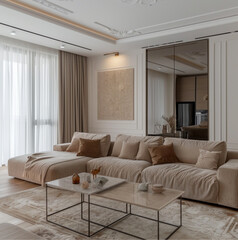 interior design of apartment, kazakh style, modern beige white colors , ornamental traditional colorful carpet, clean design, modern interior design, living room, small sofa, coffee table