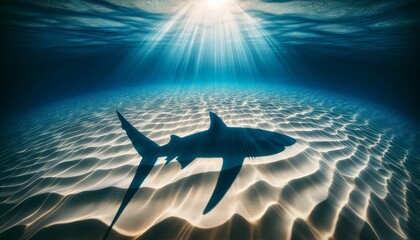 A hyper-realistic image of the shadow of a blue shark cast upon the sandy ocean floor as it swims gracefully above.