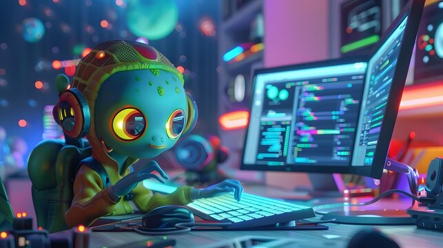 Youthful alien creature engaging with computer coding in a vibrant tech environment