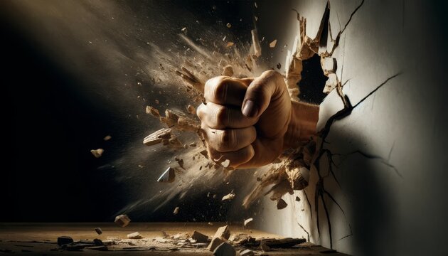A clenched fist breaking through a wall, with pieces of the wall flying outwards.