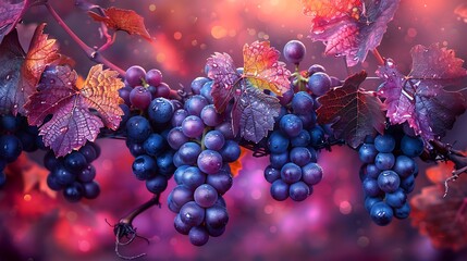 A vibrant, digital art piece illustrating the life cycle of vineyard vines, from the budding leaves of spring to the bountiful harvest of grapes in autumn. - obrazy, fototapety, plakaty