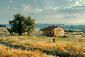 Captivating Tuscany Landscape with Weathered Abandoned Farmhouse in Pastoral Countryside