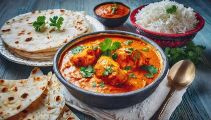 Delicious chicken tikka masala served in a bowl with rice, garnished with cilantro, accompanied by naan bread, with spices and chili pepper on a rustic table.