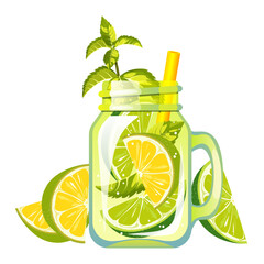 Cocktail with lime. A refreshing drink in a can with juicy lime. Summer juice with lime. Smoothie with fresh fruit. Lemonade with lime.Vector illustration.