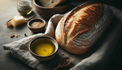A close-up image of freshly-baked bread loaves with a golden crust, accompanied by a bowl of olive oil and balsamic vinegar for dipping. - obrazy, fototapety, plakaty