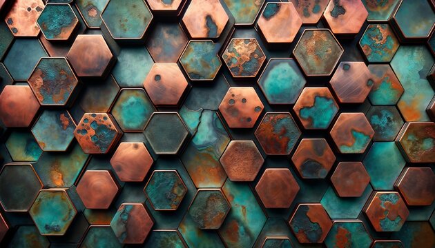 A series of hexagonal tiles made of rusted copper with verdigris patina, focusing on the textures and the transition between blue-green and warm copper.