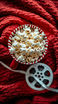 first half of the image is empty, the image is on the second background flat lay is A popcorn in a striped red glass, film strip, cozy warm blanket minimalistic, highly detailed