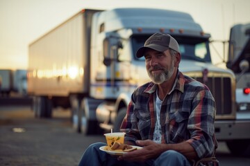 Man sitting by truck with a meal