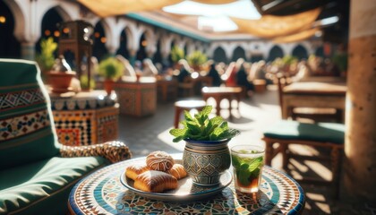 A quaint cup of mint tea with fresh mint leaves sprinkled around, paired with a plate of traditional Moroccan pastries, set on an intricately designed.