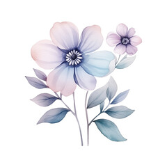 Watercolor boho blue daisy branch template with flowers and leaves. A beautiful vintage PNG illustration isolated on transparent background. Minimalist pattern design for card or wedding invitation