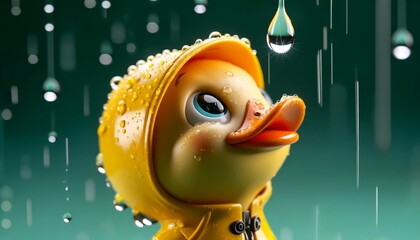 A close-up of a stylized duckling with a reflective raindrop dripping off the brim of its yellow rain hat.