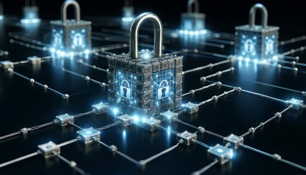A blockchain network visualization featuring interconnected blocks and nodes with a strong lock symbol, representing secure transactions.