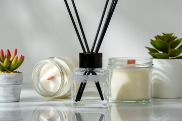 Elegant Home Fragrance Reed Diffuser Displayed Beside Scented Candles and Succulents